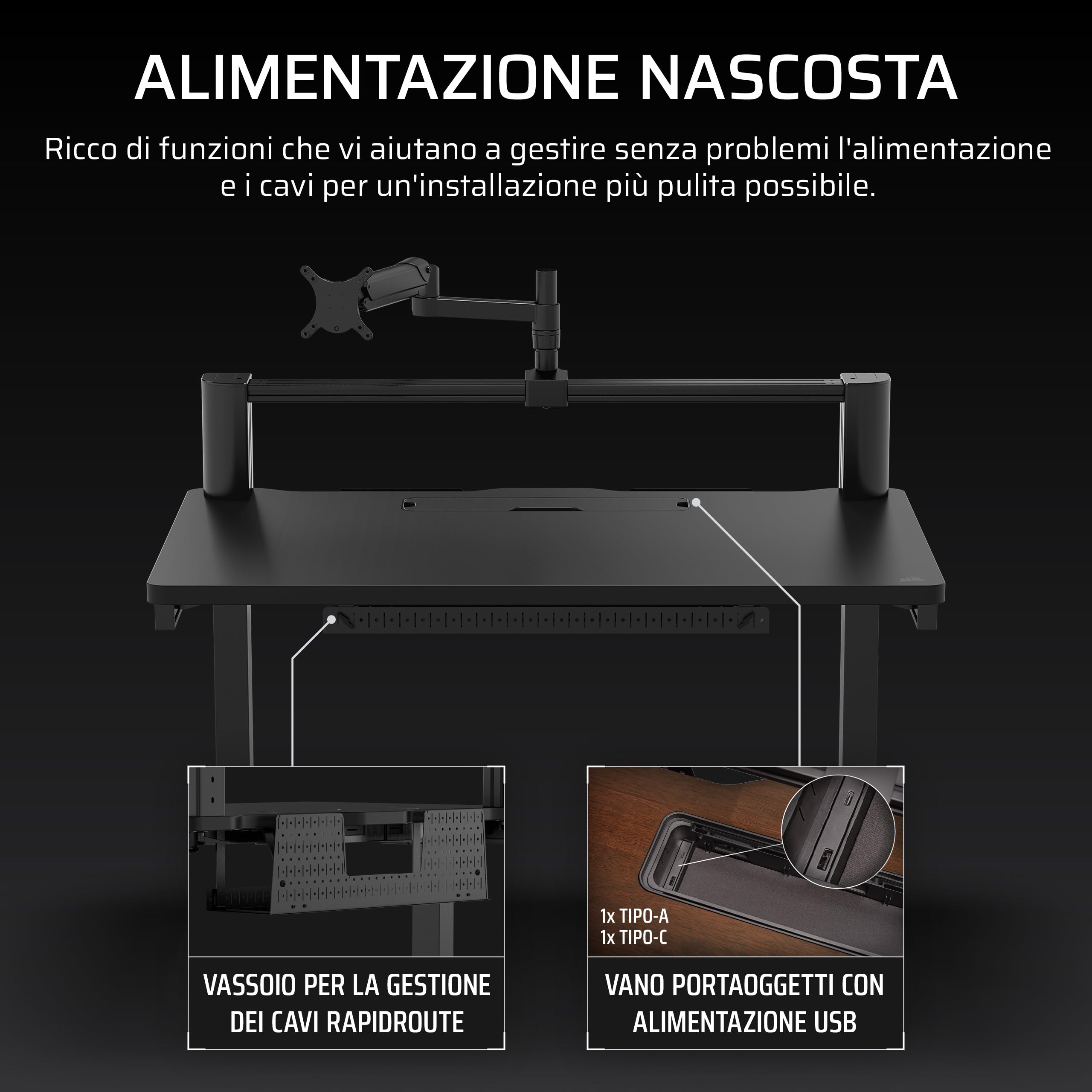 CORSAIR Platform:4 – 120 cm x 76 cm, Altezza Fissa, Scrivania per Computer da Gioco in Piedi, Gestione dei Cavi, Alimentazione USB, Supporto per Monitor Incluso – Nero