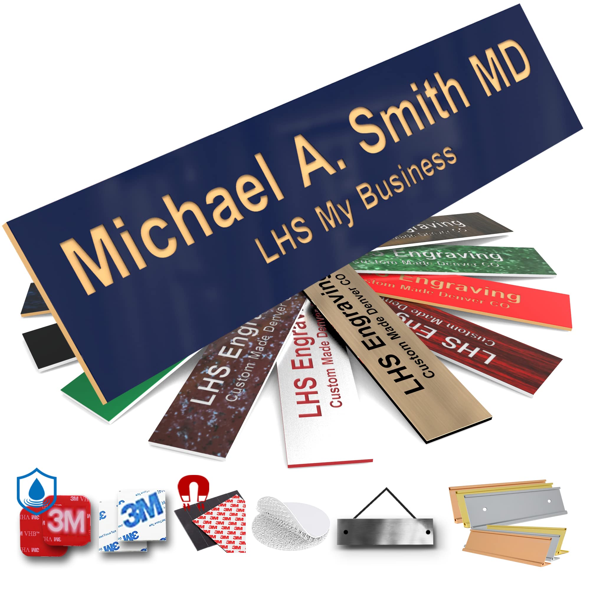 Engraved Custom Door Plate Navy Blue Plastic Office Door Sign with Gold Letters - Made in USA 2x8 B10