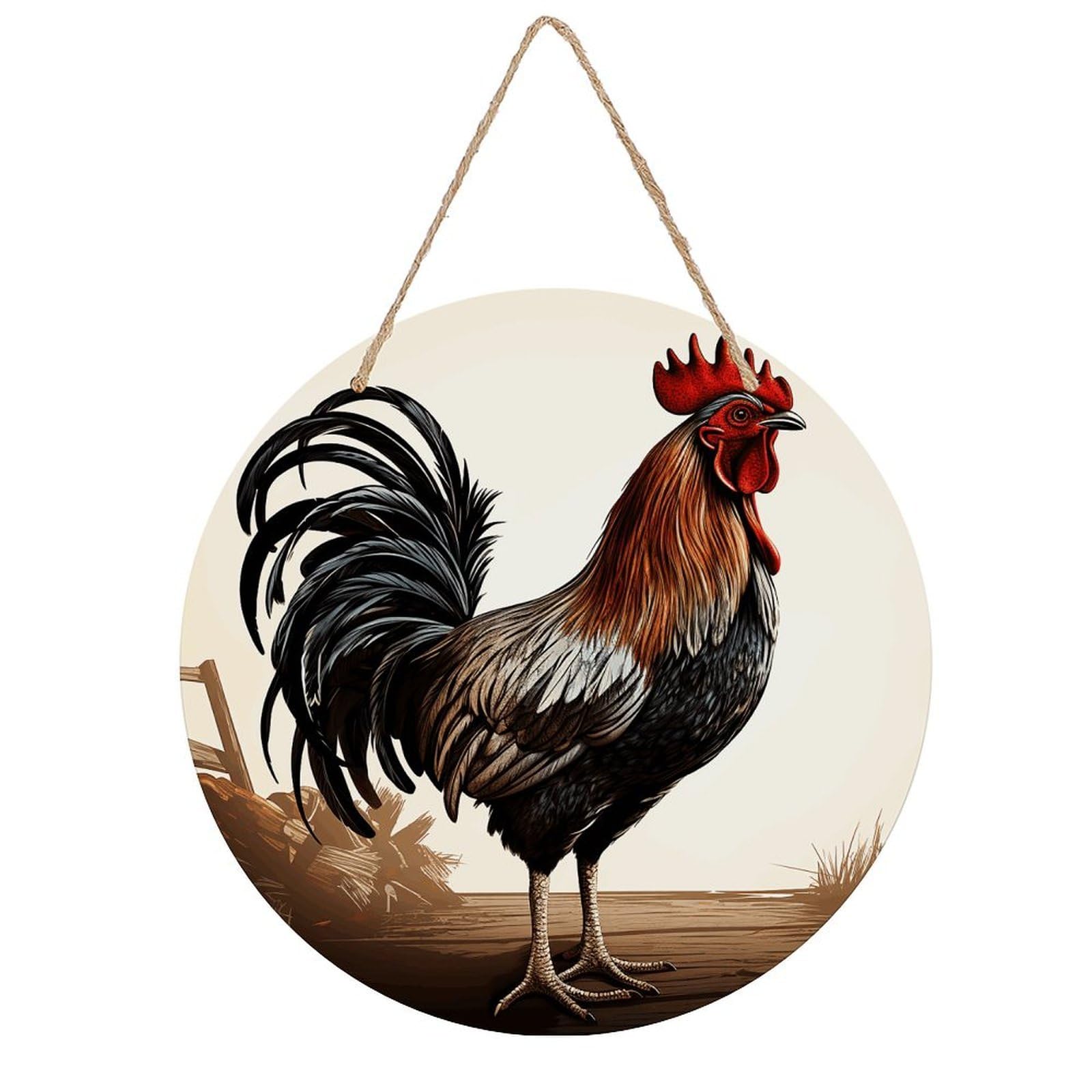 LZQPOEAS Rooster Round Wood Wall Art Painting, 7.9 Inch Circular Wooden Door Hanger Decorative Paintings, Rope-Hanging Wooden Wall Plaque for Home Decor And Office Party