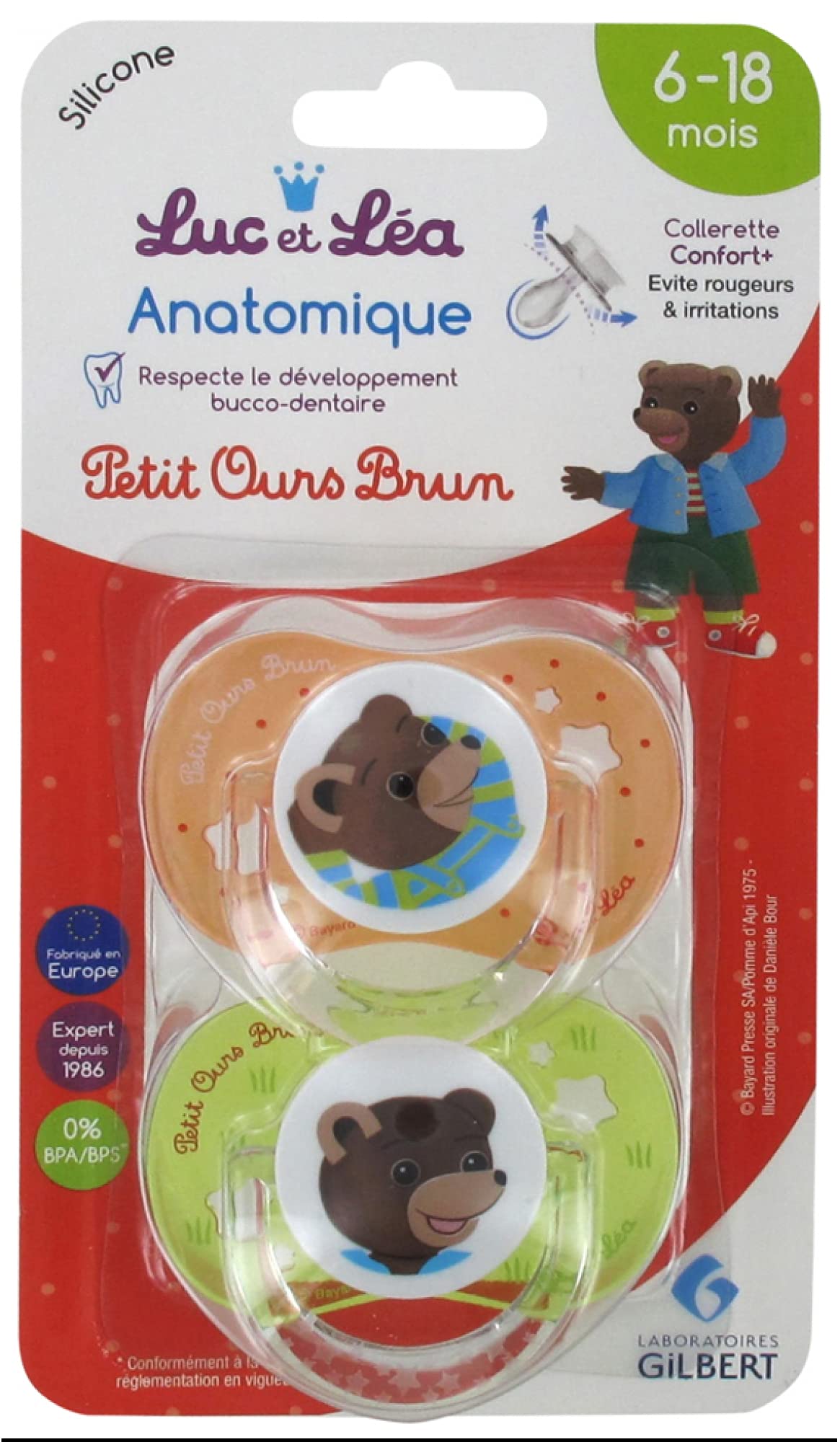 Luc et Léa 2 Anatomic Silicone Soothers with Ring 6-18 Months - Petit Ours Brun