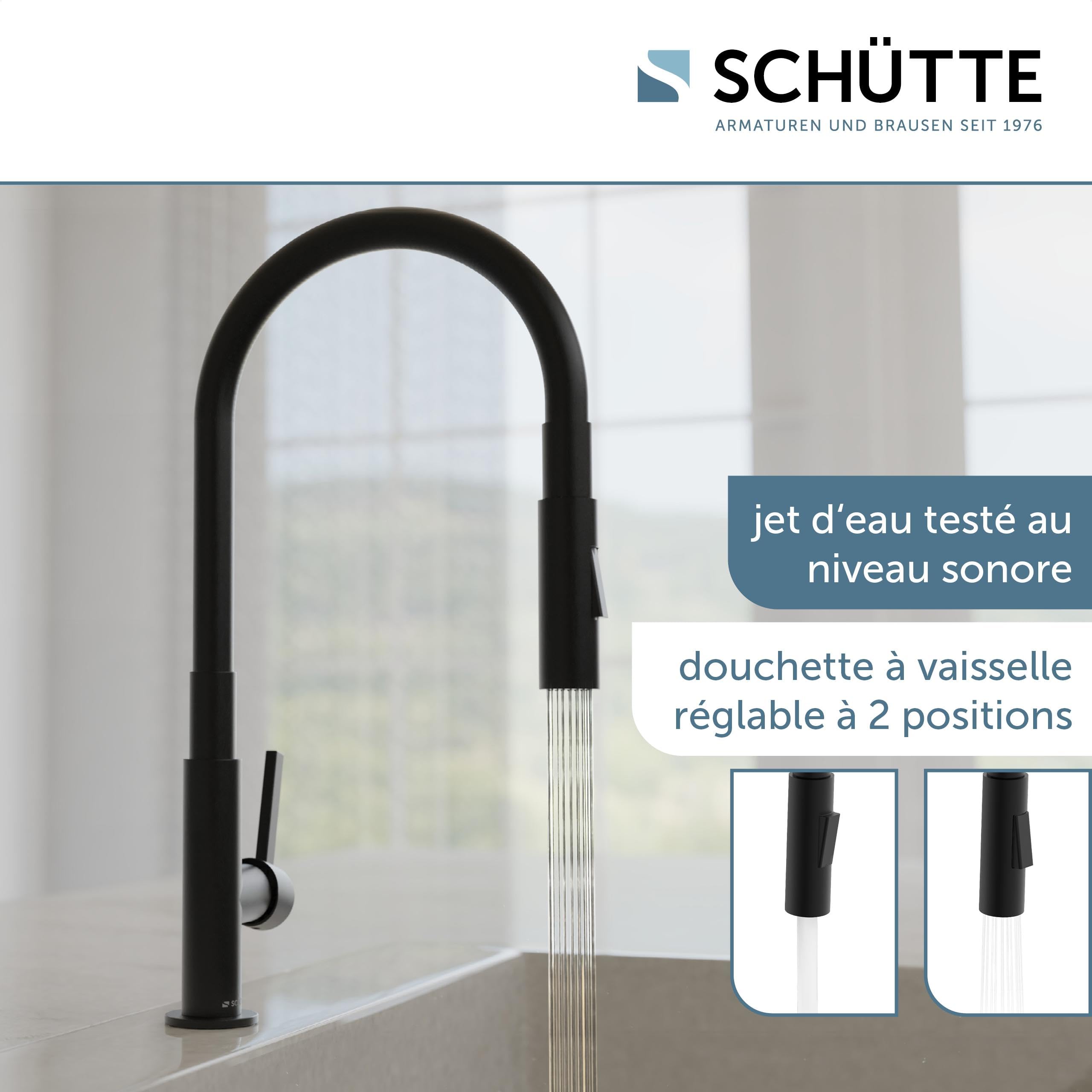 Schütte Glasgow Robinet de Cuisine Flexible - Eco-Click, Pivotant 360° | Robinet mitigeur cuisine noir, tuyau robinet doux au toucher, démarrage à froid économe, kit de montage inclus