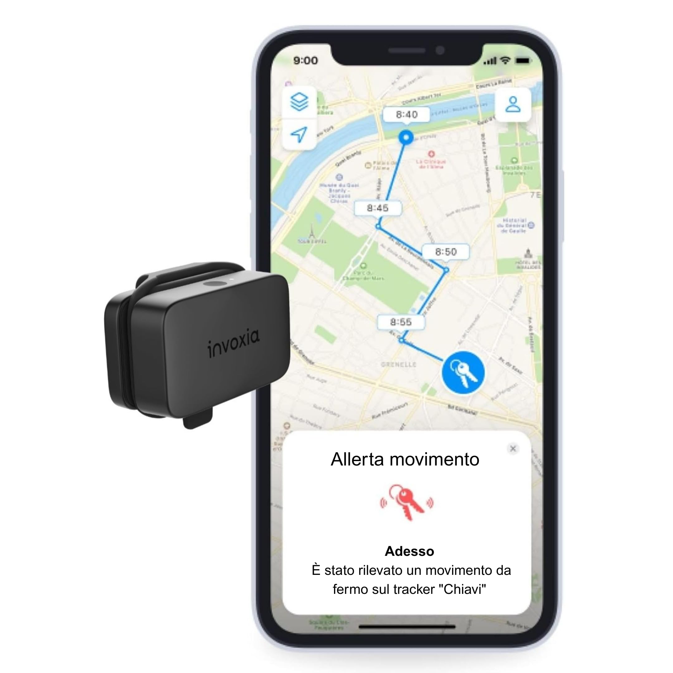 Invoxia Mini GPS Tracker - Localizzatore GPS impermeabile con avvisi antifurto in tempo reale - Durata della batteria fino a 3 mesi - Abbonamento di 1 anno incluso - Piccolo e leggero