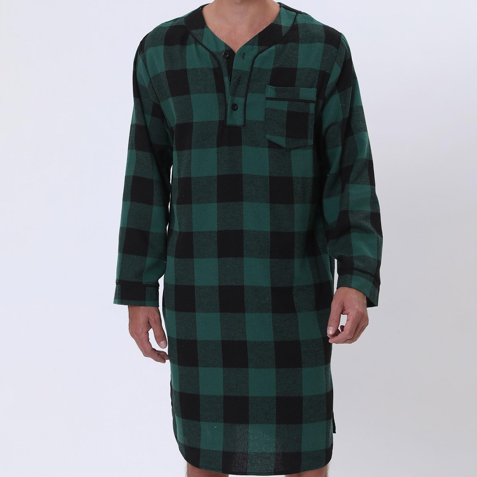 Flanell Nachthemd Herren Casual Langarm Knopf Shirt Unregelmäßiger Saum Kariertes Weiche Loungewear Baumwolle Lange Robe Saunamantel Atmungsaktiv Leichte Nachthemd