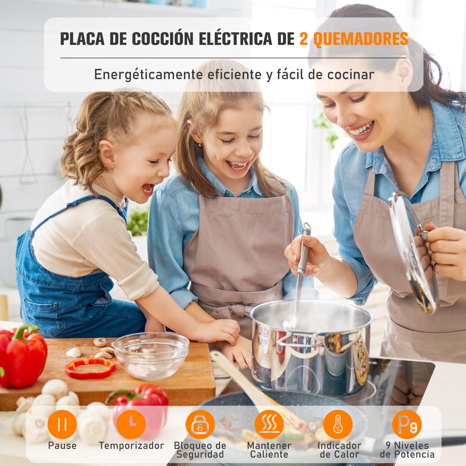 Placa Vitrocerámica 2 Zonas 3000W 30 cm, Placa Eléctrica Domino Encastrable o Portátil con Enchufe, Temporizador, Pausa, Mantener Caliente y Bloqueo Infantil, Slide-EU23S1