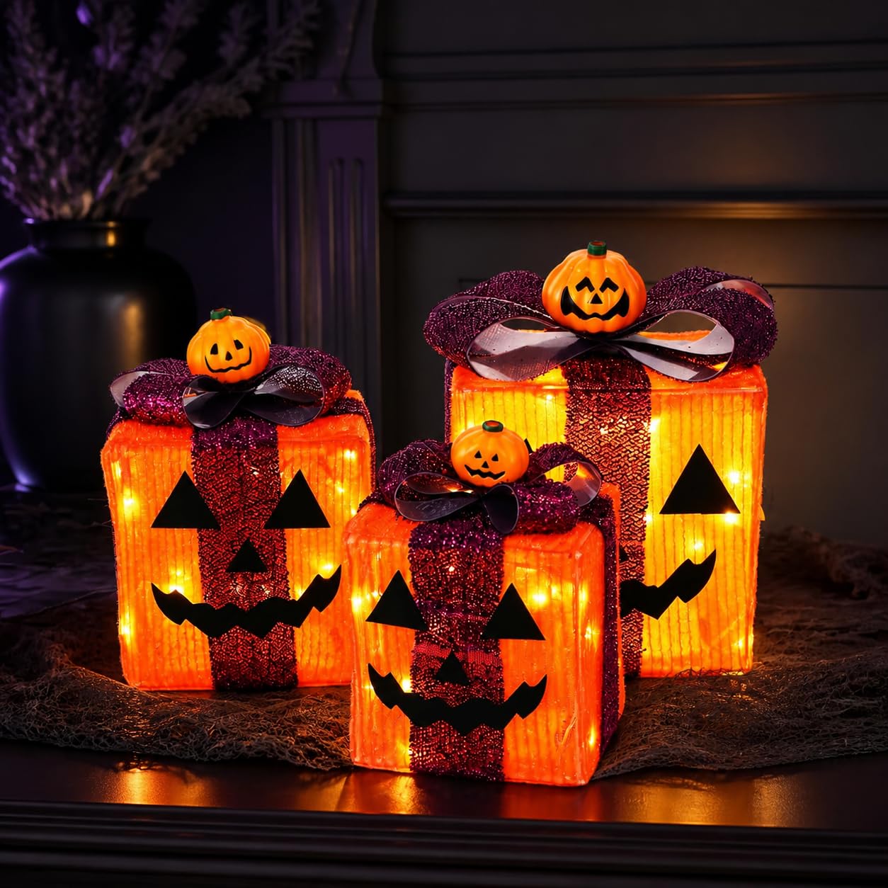 Scatole regalo di Halloween, decorazioni per luci, 3 pezzi, alimentate a batteria, con luci LED calde, per interni ed esterni, cortile, portico, giardino, decorazione