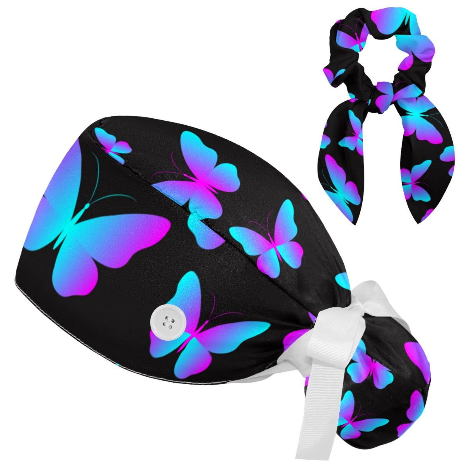 Working Cap with Button Sweatband, Neon Butterflies Scrub Cap Surgical Hats for Women Long Hair