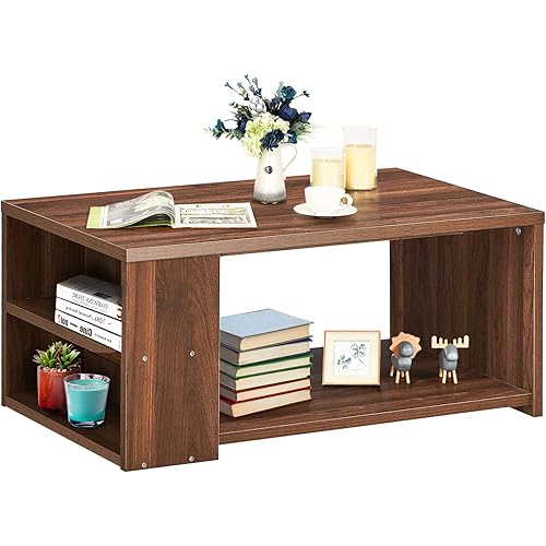 Giantex Coffee Table W/Three Storage Shelf, Sturdy and Durable Construction, Smooth Surface & Extra Storage Space, Ideal for Office and Living Room Tea Snack Table (Walnut)