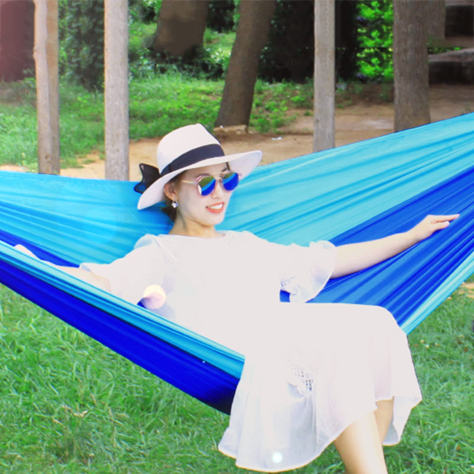 DYTWXG Hamacas portátiles de Nailon, hamacas livianas y duraderas, con Correas para árboles para Acampar, para Caminatas en la Playa en Interiores y Exteriores-Amarillo + Azul Real (110x55 Pulgadas)