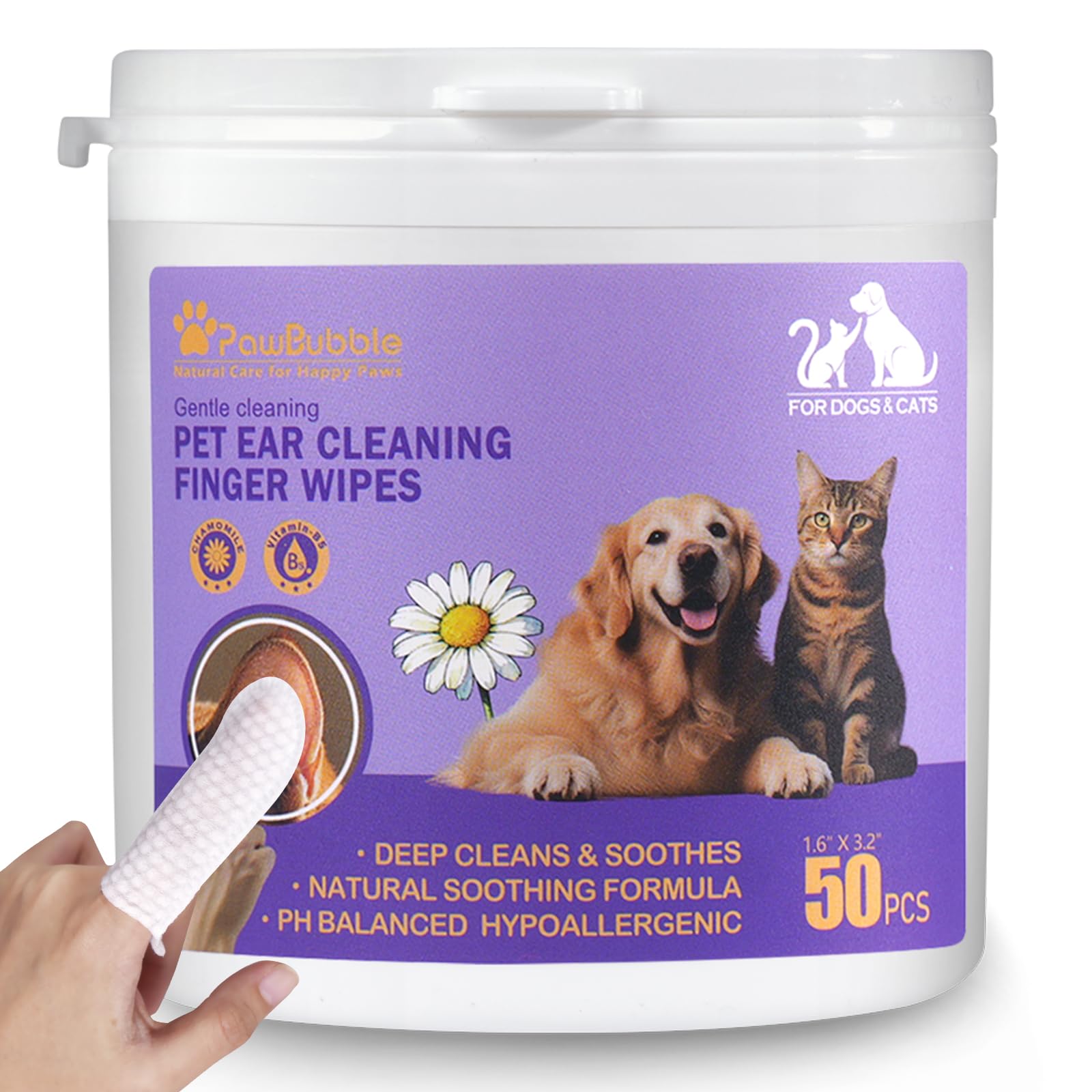 Ear Wipes for Dogs and Cats, Dog Ear Finger Wipes, Gentle Ear Cleaner for Wax, Dirt & Odor, Relieves Discomfort & Soothes Ears, Non-Irritating, 50 Count