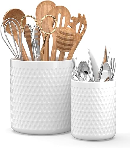 Paquete de 2 organizadores de cerámica para utensilios, soporte grande para espátula, decoración de cocina de granja para cubiertos, cucharas y