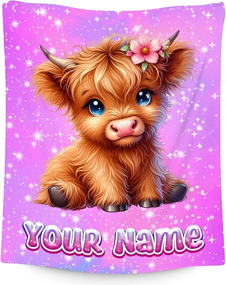 Personalized Blanket Highland Cow Gifts for Kids Girls - Soft Lightweight Flannel Throws for Couch, Sofa 4 Sizes