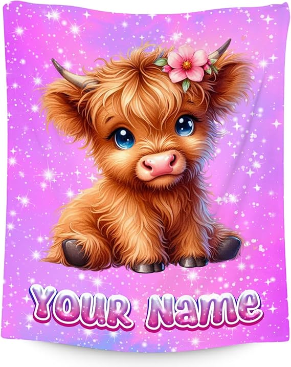 Personalized Blanket Highland Cow Gifts for Kids Girls - Soft Lightweight Flannel Throws for Couch, Sofa 4 Sizes