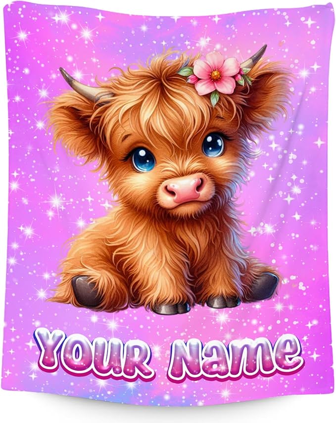 Personalized Blanket Highland Cow Gifts for Kids Girls - Soft Lightweight Flannel Throws for Couch, Sofa 4 Sizes