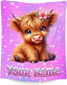 Personalized Blanket Highland Cow Gifts for Kids Girls - Soft Lightweight Flannel Throws for Couch, Sofa 4 Sizes