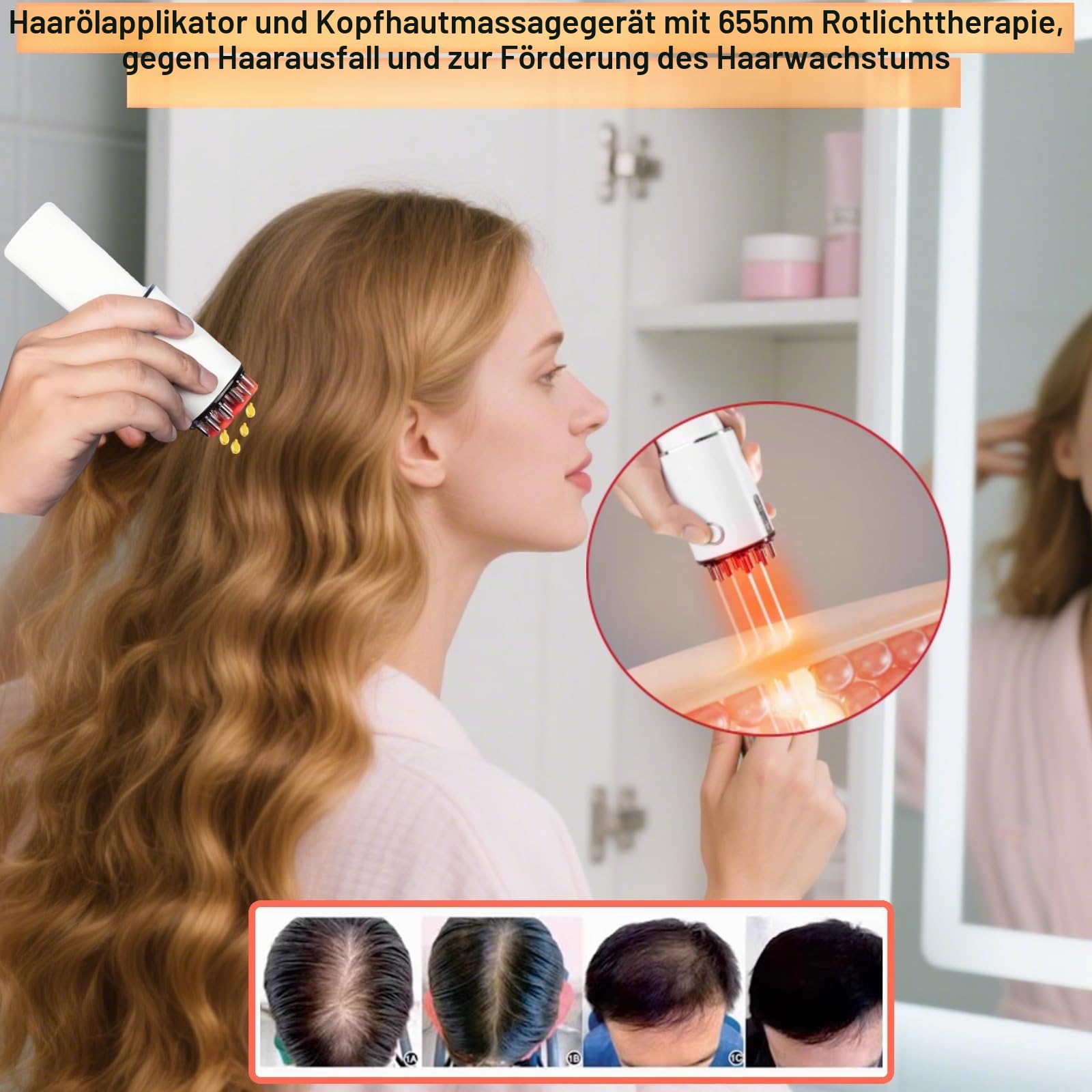 2-in-1-Kopfhautmassagegerät & Haaröl-Applikator – 3 Vibrationsmodi, 70-ml-Flasche & 2-ml-Präzisionsspender, USB-C wiederaufladbar, Rotlichttherapie – Geschenk für Frauen & Männer