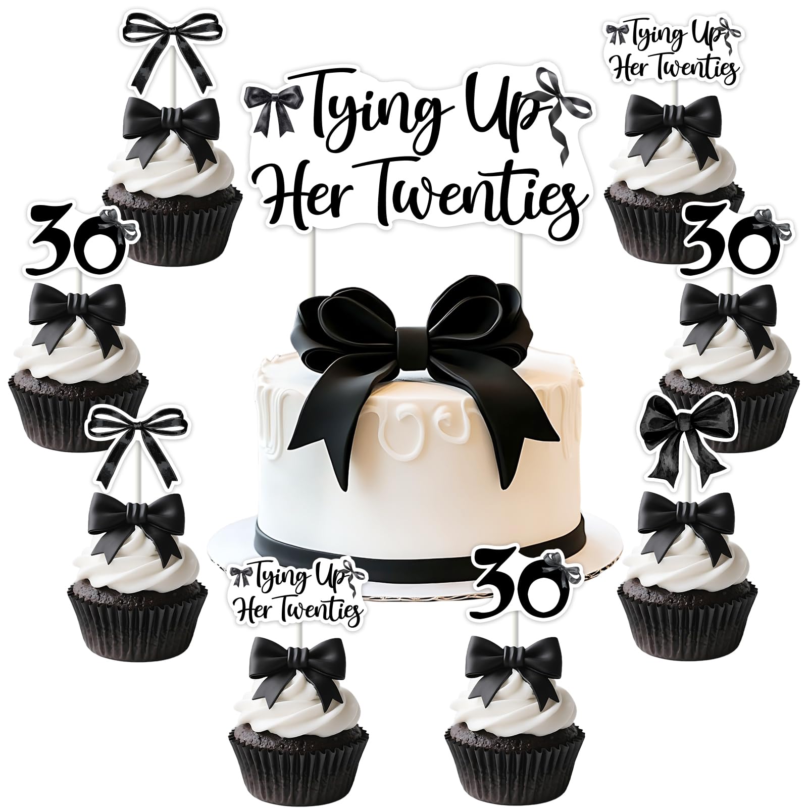 25Pcs Tying Up Her Twenties Decorations Black Bow 30th Birthday Cupcake Topper Black Bow Theme Cake Table Decoration for Women Coquette Bow Happy 30th Birthday Party Cupcake Picks Decor Supplies
