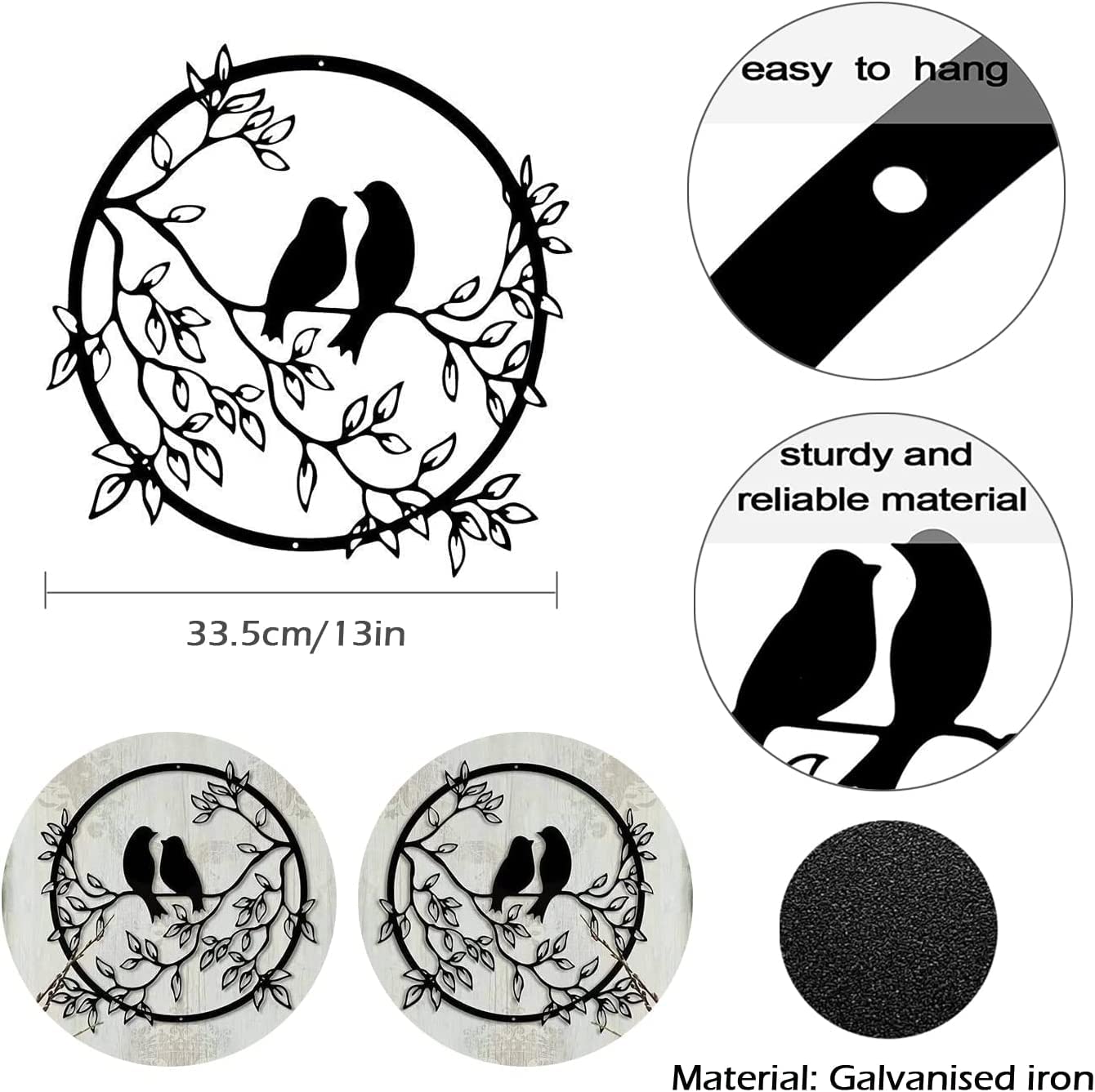 ruelen Decorazione da parete, 4 pezzi, decorazione da parete in metallo, con albero della vita, foglie nere con silhouette di uccelli, scultura da parete per interni, casa, camera da letto, soggiorno