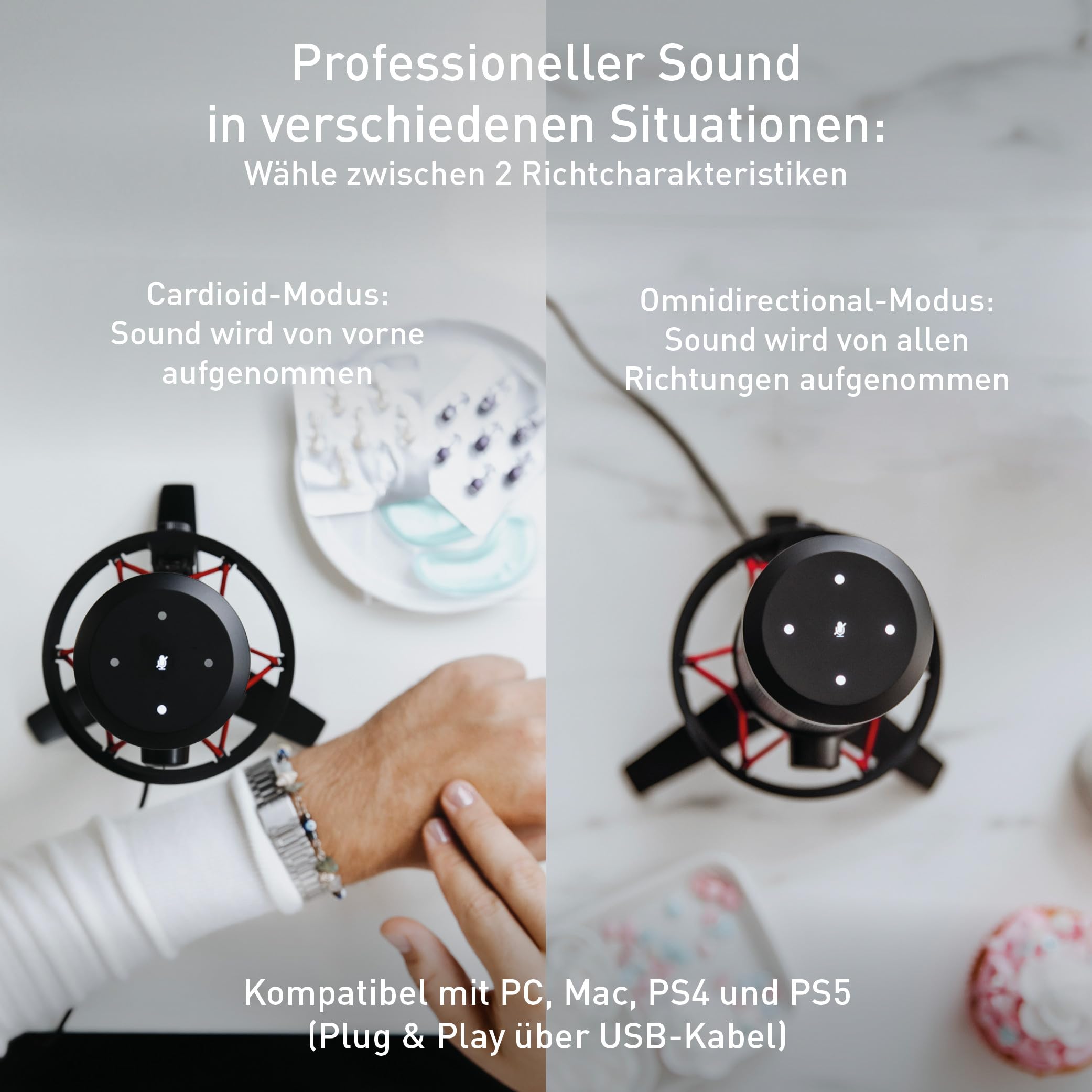 CHERRY UM 6.0 Advanced, USB-Mikrofon für Streaming, Podcast, Home-Office, 2 Richtcharakteristiken, Shock Mount, Kompatibel mit PC/Mac/PS4/PS5, Schwarz-Silber