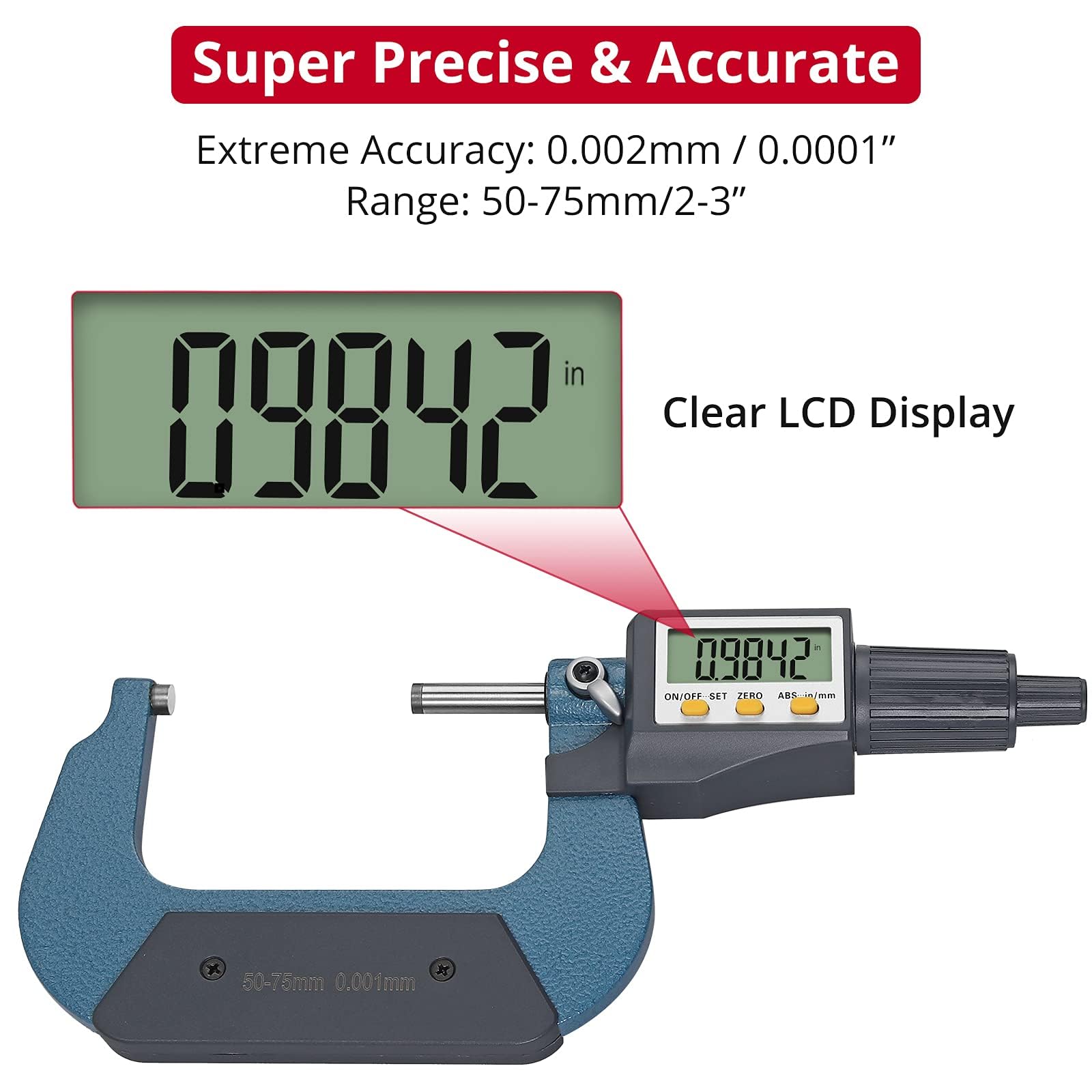 XUNTOP 50-75mm Micromètre d'Extérieur Numérique Multifonctionnel Résolution de 0.0005 pouces/0.001 mm en ABS et Acier Inoxydable avec Écran LCD Micromètre Électronique Pied à Coulisse Extérieur