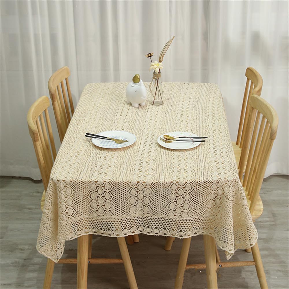 FMIYJUN Mantel rectangular de ganchillo, color beige, de algodón, vintage, de encaje, rectangular, para cocina, manteles bohemios para fiestas, banquetes, comedor, decoración de boda
