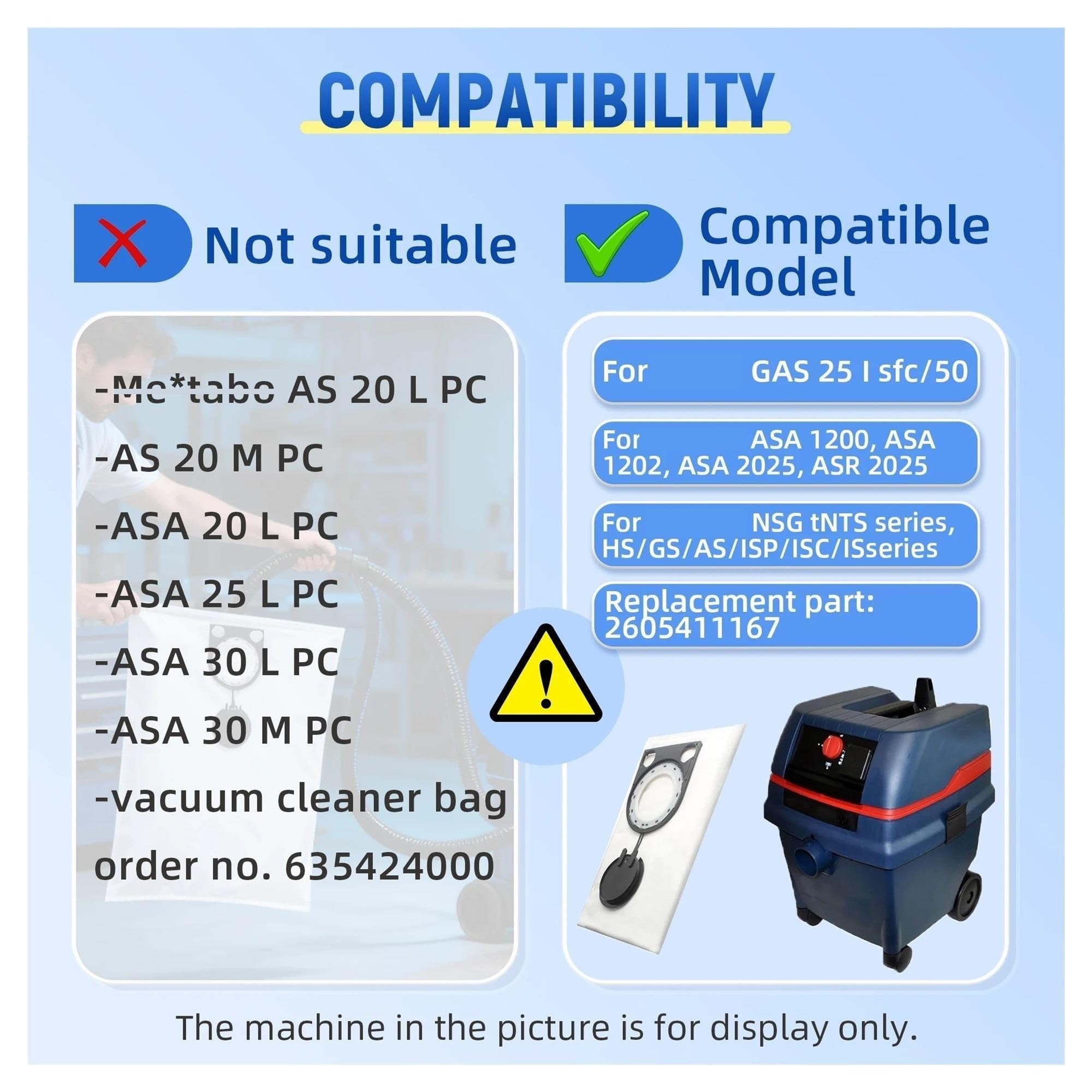 Bolsas De Aspiradora, Compatibles For Bosch, GAS 25 L SFC-Professional, 50 VPE SFC, GAS 25, Reemplaza Parte 2605411167