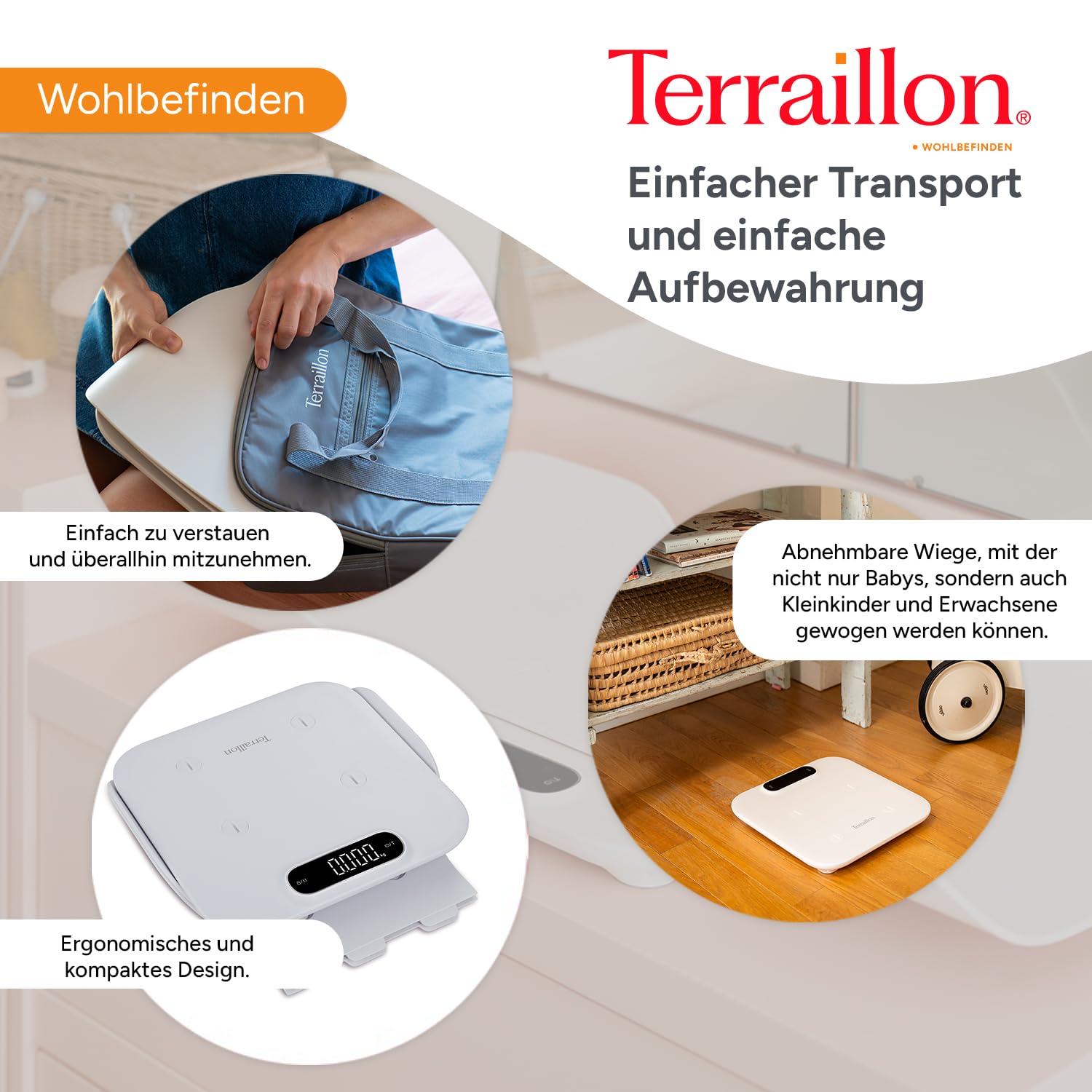 TERRAILLON - Baby Fit – Elektronische Babywaage 2-in-1, abnehmbare Babywanne, Gewichtsvergleichsfunktion, Kinderverriegelung, Skala 5-10-15 g, Kapazität 180 kg, Hülle inklusive, Weiß