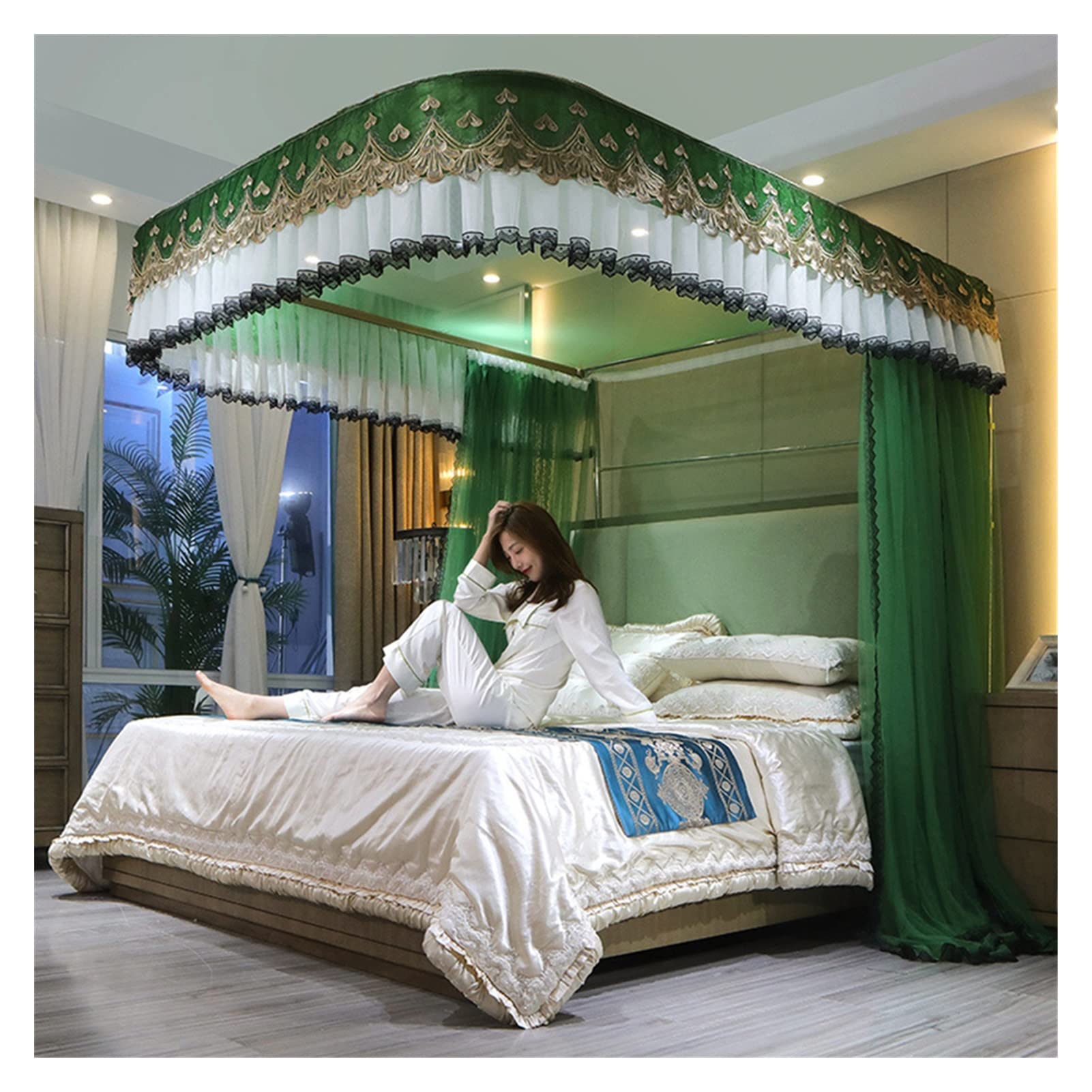 DXTFDHB 4 Corner Post Bed Canopy Curtain Bed Netting Full Size Elegant Bed Canopies Drapes(Green,150 * 200cm)