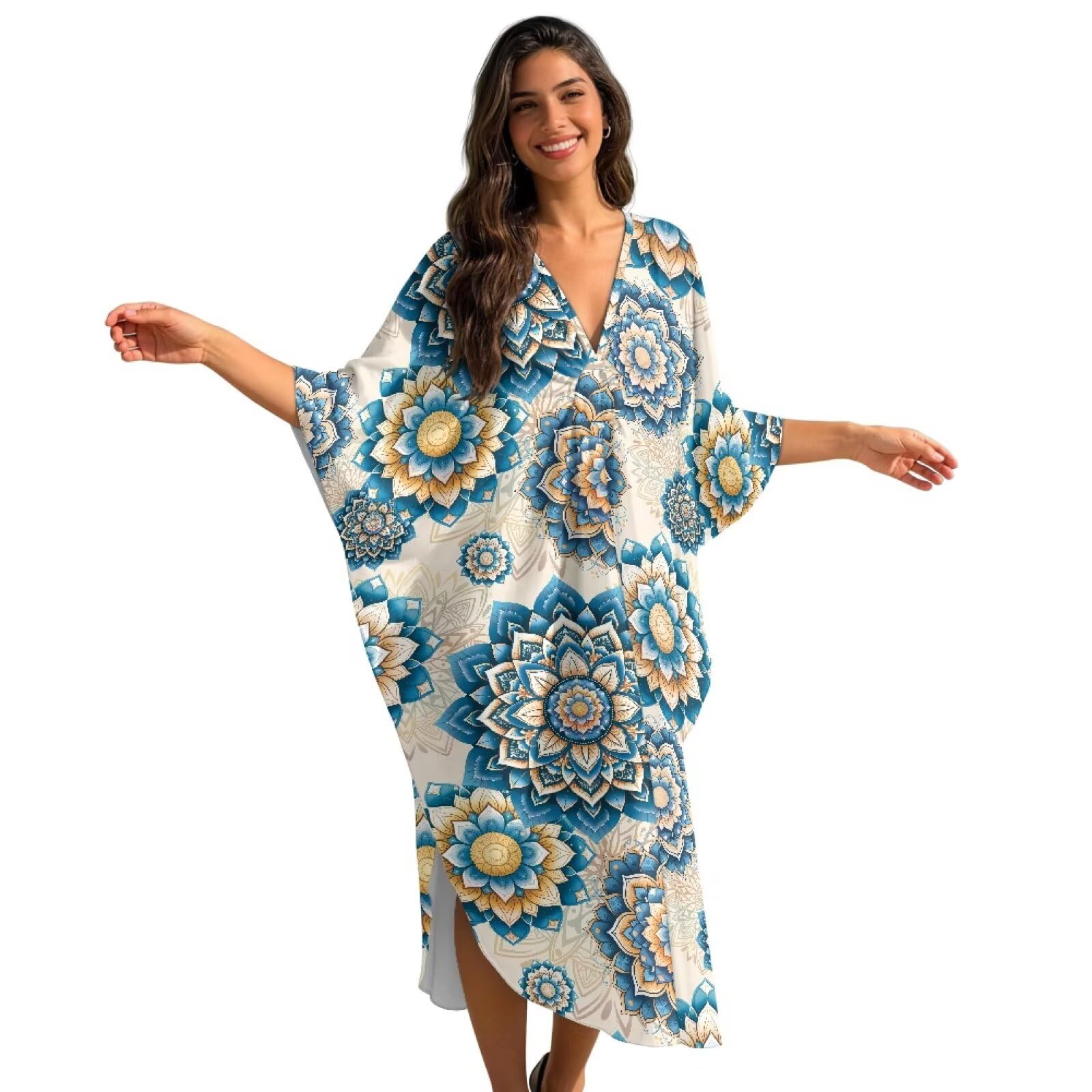 Xoenoiee Damskie sukienki kaftanowe plus size okrycie plażowe dekolt w serek rękaw nietoperz strój kąpielowy okrycie letnia sukienka kaftan