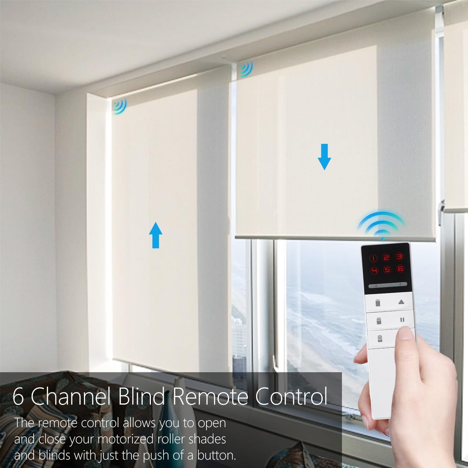 A hand holding the 6-channel remote control, operating two motorized blinds in a room.