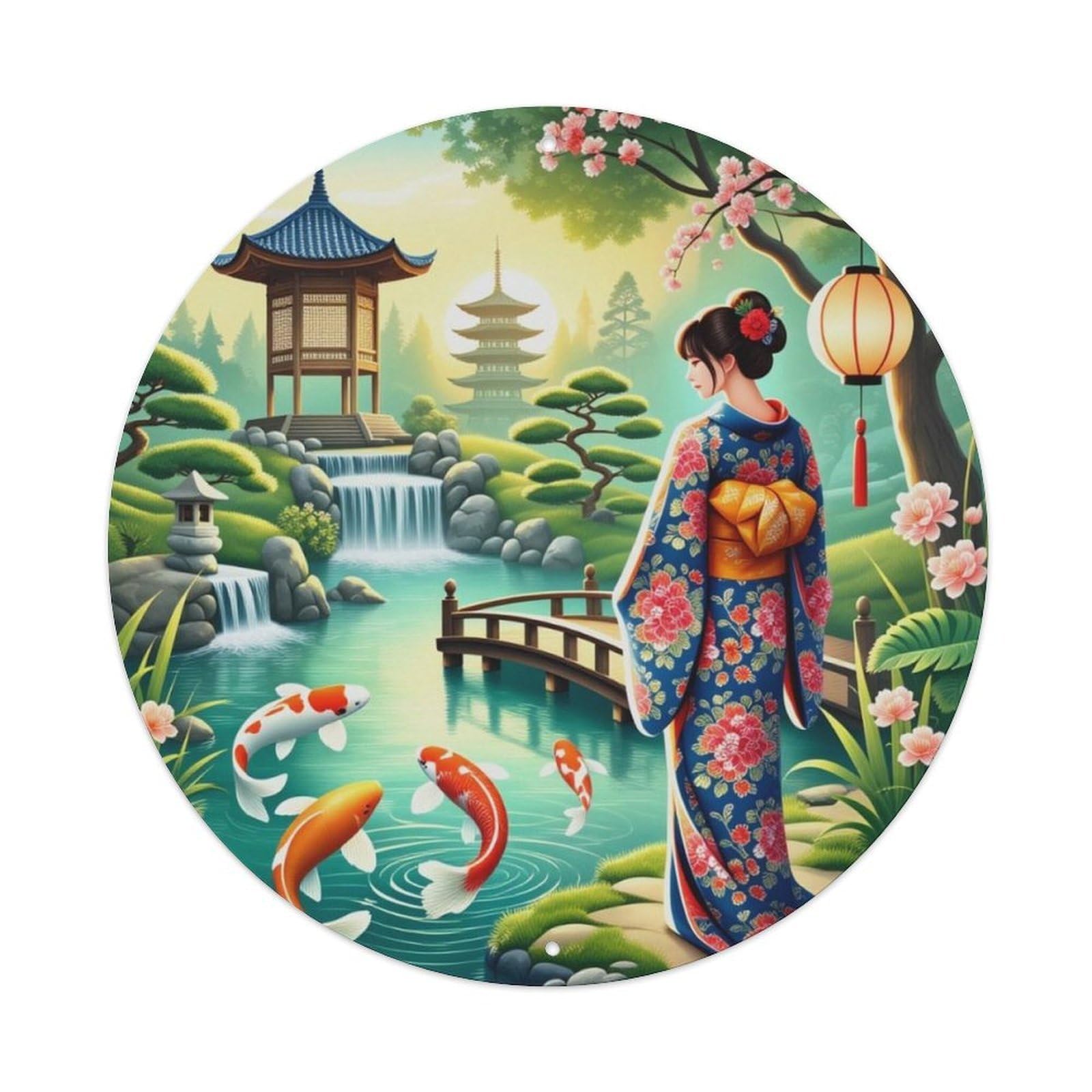Japanese Garden Geisha Koi Fish Round Decor Sign Vintage Aluminium Metal Sign, Retro Wall Decor for Home, Bar, Garage & Farmhouse 20x20cm