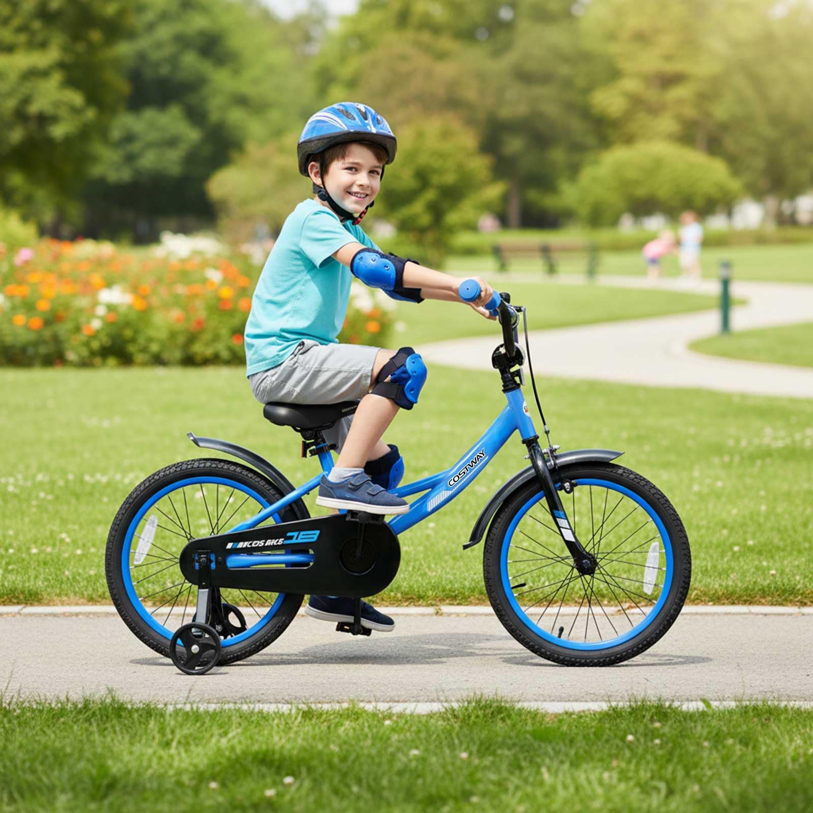 COSTWAY Kids Bike, 18 Inch Toddler Bicycle with Removable Training Wheels, Dual Brakes, Adjustable Seat & Handlebar Height, Girls & Boys Bikes for 3-8 Years Old (Blue,18 Inch with Kickstand)