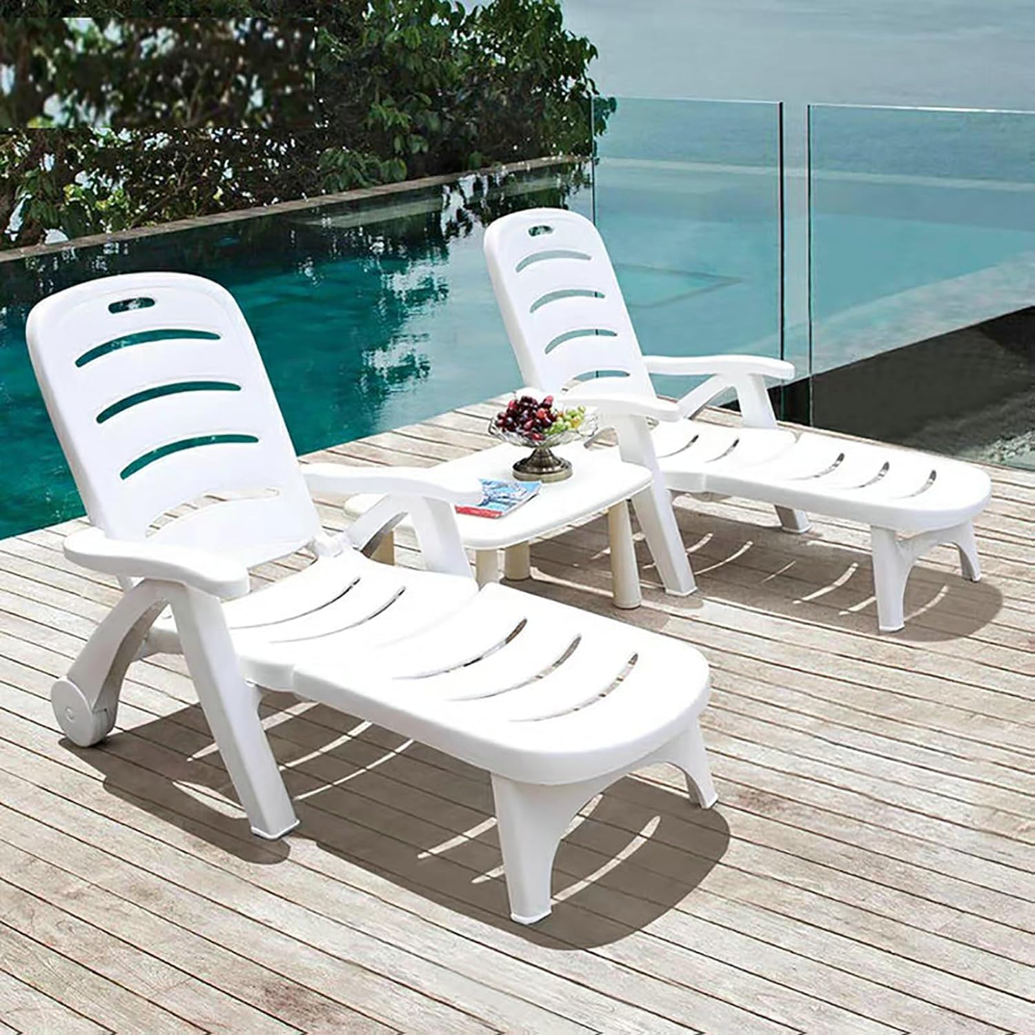 Sunlounger set, White Plastic Sun Lounger and Table for Beach, Yard, Patio, Pool, Deck Foldable Outdoor Lounge Chair with Adjustable Backrest, Portable Sun Tanning Chair (2 Chair + 1 Table, White)