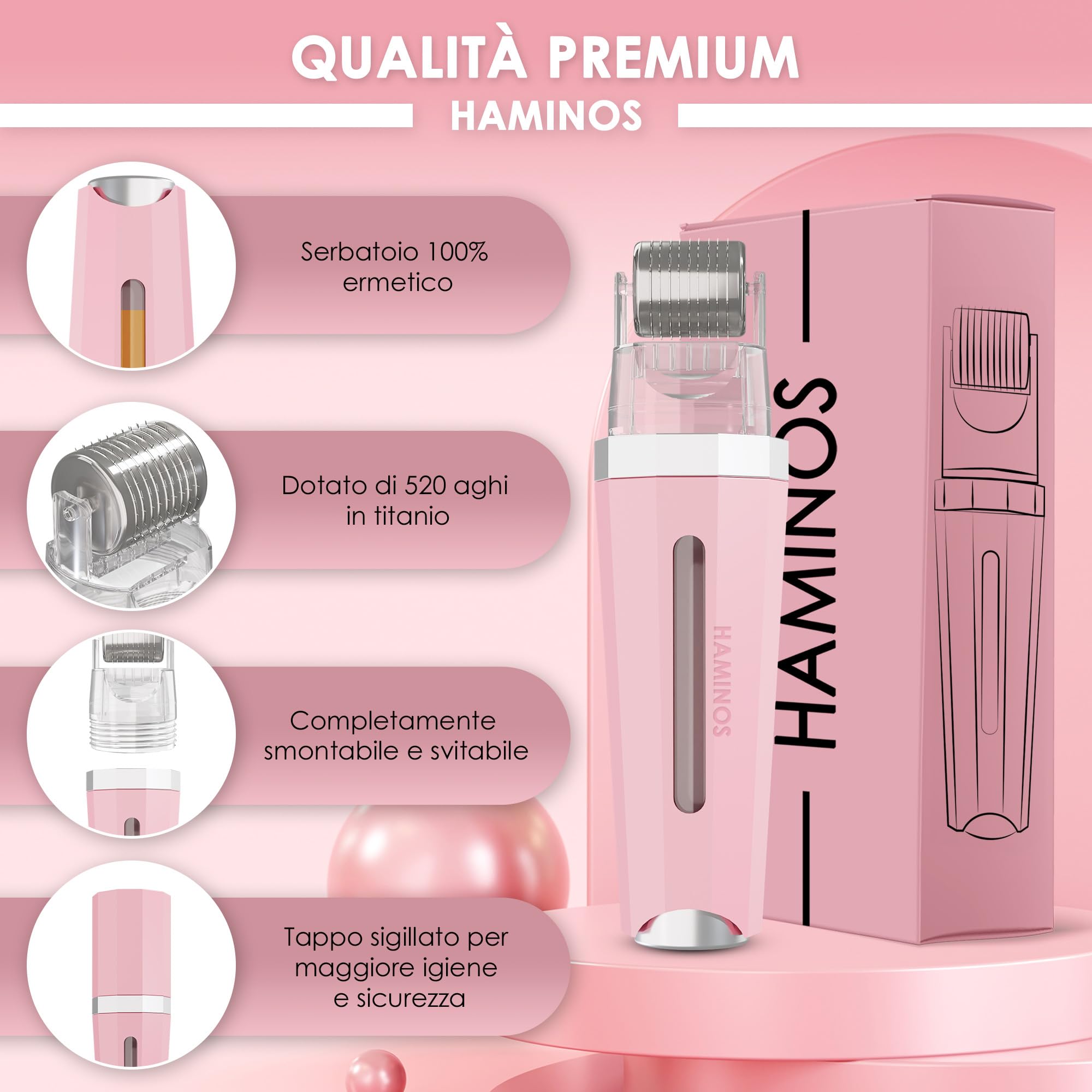 HAMINOS Derma roller 1 mm 3.0 con Serbatoio per Pelle, Capelli, Rughe, Smagliature, Iperpigmentazione APPLICAZIONE DEL SIERO ISTANTANEO, 520 aghi in titanio