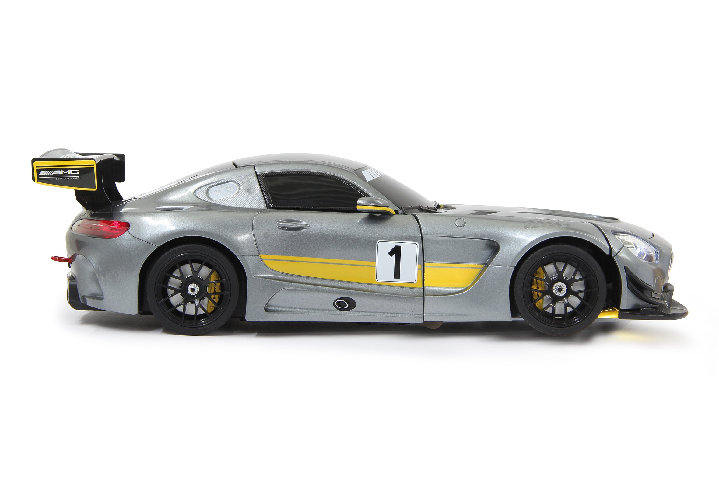 JAMARA 410028 – Mercedes AMG GT3 1:14 transformacja 2,4 GHz szara – RC transformacja w robota po naciśnięciu przycisku, tryb tańca, głośnik, zawieszenie na pojedynczym kole, do 1 godziny jazdy