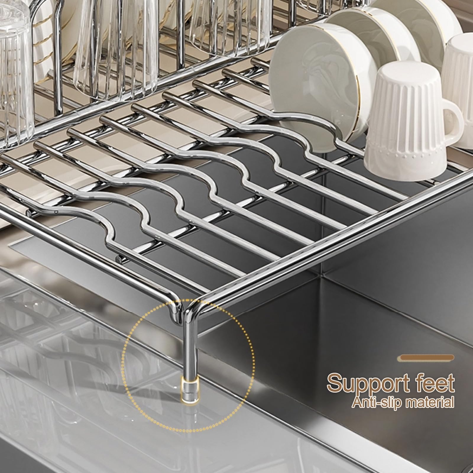 Escurridor de platos extensible, escurridor de platos grande para encimera de cocina, organizador de fregadero con almacenamiento dividido