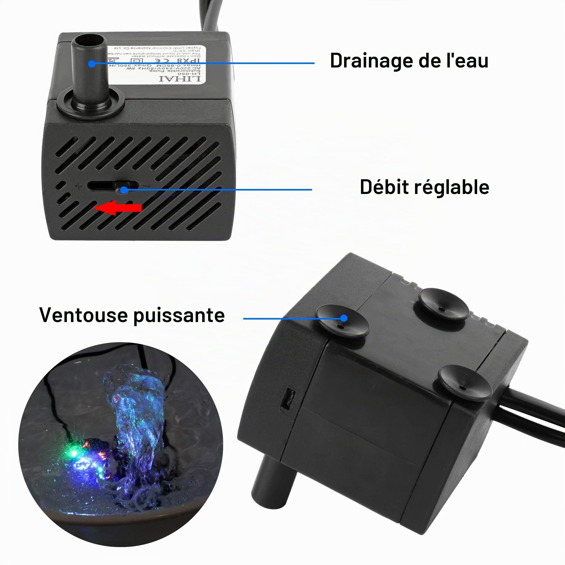 Forever Speed Mini pompe à eau d'aquarium 5 W - Pompe submersible pour aquarium - Avec 4 LED colorées - Mini， arts en pierre - Hauteur de refoulement maximale : 0,85 m, 350 l/h