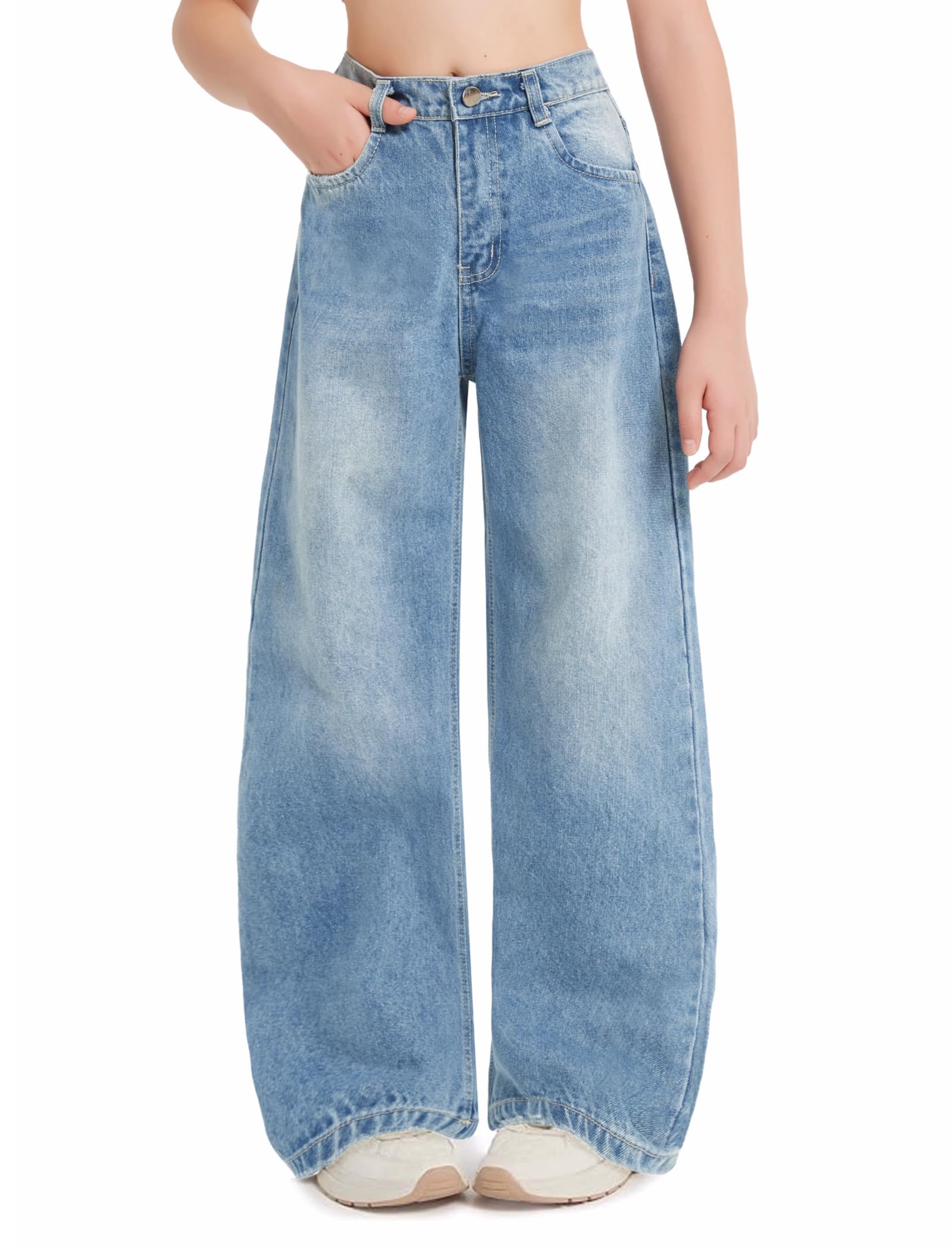 EXARUS Jeans da ragazza larghi gamba larga carino teen tween pantaloni lunghi in denim vestiti alti junior elastico tasche
