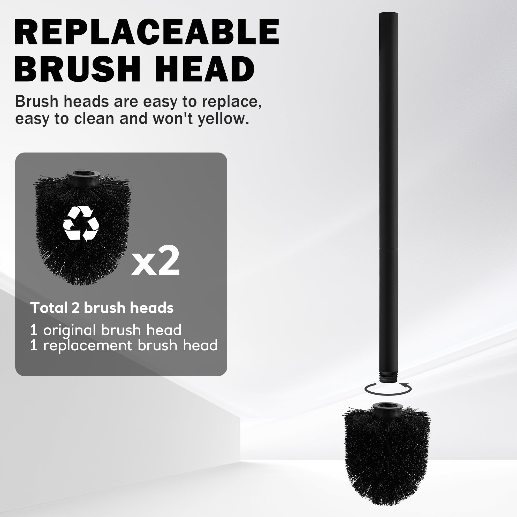 ASKLUND Brosse WC Brosse Toilettes WC Balai en Acier Inoxydable Incluant 2 têtes de Brosse, Montage Mural/au Sol, Noir - 4