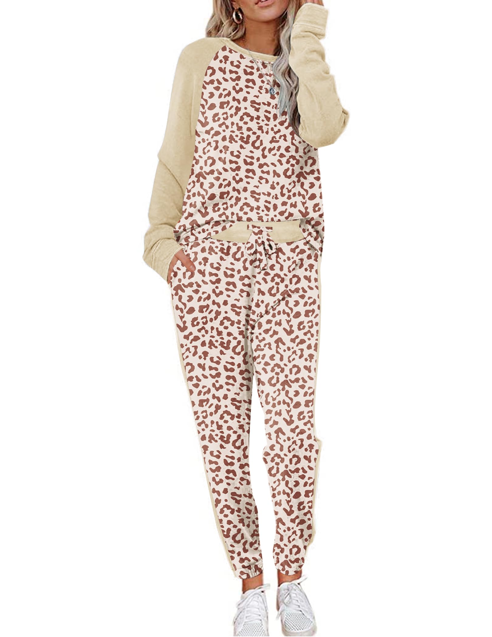 Ekouaer Schlafanzug Damen Langarm Pyjama Set Hausanzug Weich Zweiteiliger Bequem Loungesets Rund Ausschnitt Nachtwäsche