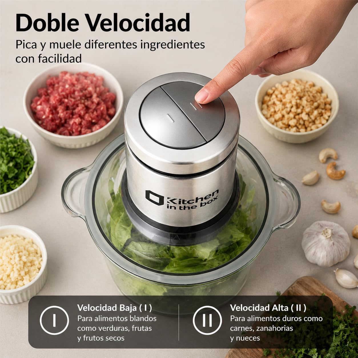 Kitchen in the box Picadora Eléctrica 400W, 2 Velocidades, 2 Cuencos de 2L: Vidrio + Acero Inoxidable, Cuchillas de Doble Nivel, Trituradora de Alimentos para Carne Verduras Frutos Secos