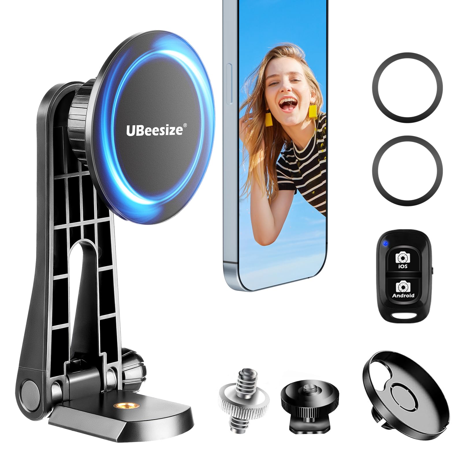 UBeesize Magnetic Tripod Mount Adapter with Remote, Adjustable Universal iPhone Tripod Mount for Ring Light&Tripod, Phone Tripod Holder for Magsafe iPhone 15-12 Serives, MagSafe Case & Most Phone