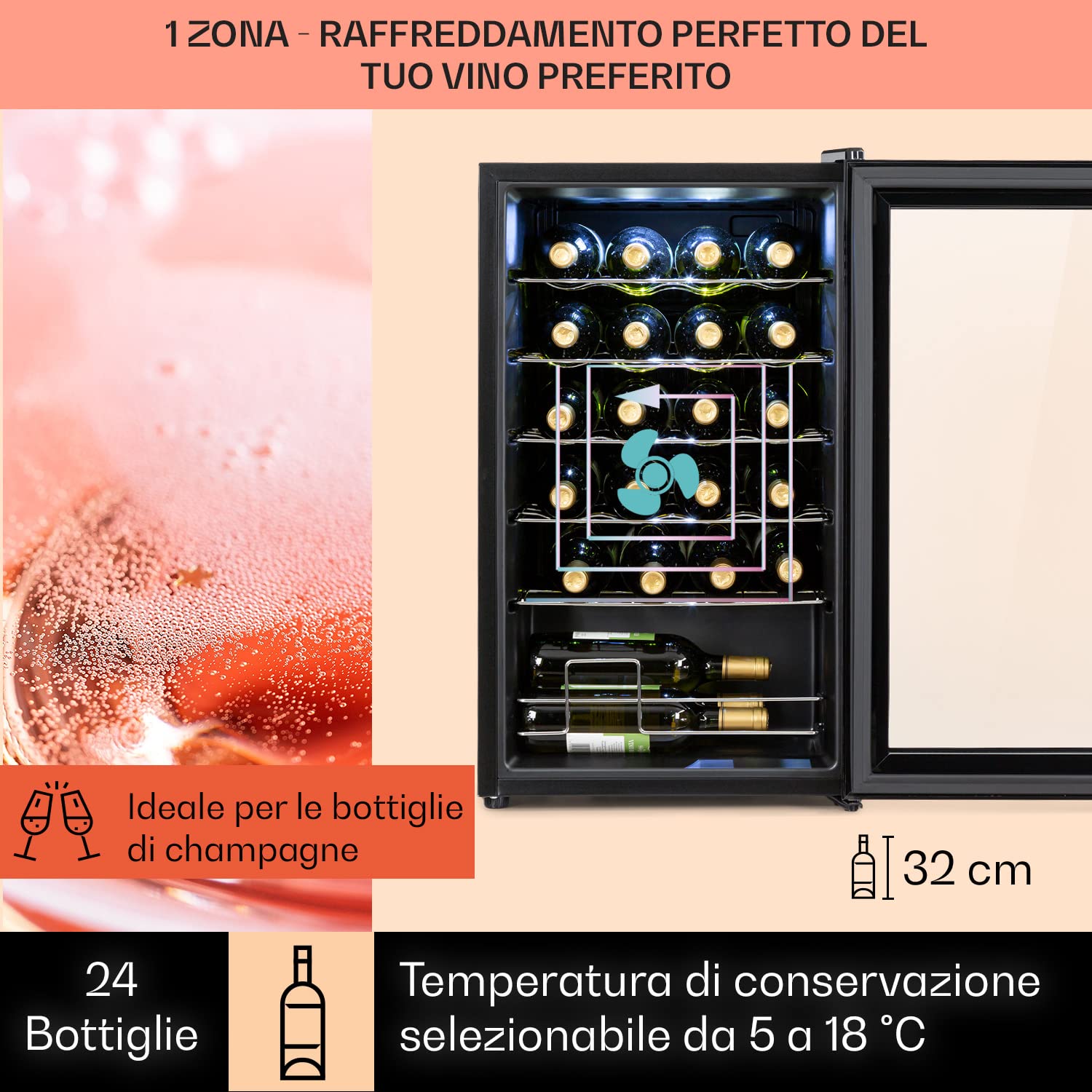KLARSTEIN Cantinetta Vino Design, Cantinetta Vino Refrigerata a Zona Singola per Vino Rosso, Bianco e Birra, Controlli Touch, Frigo Vino Cantinetta per Esterno/Interno, 5-18°C, 63L, 24 Bottiglie