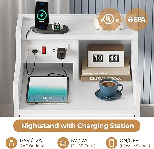 Miniatura 3 de ADORNEVE Juego de 2 mesitas de noche blancas con estación de carga y gabinete, mesitas de noche para dormitorios, juego de 2, mesita de noche con