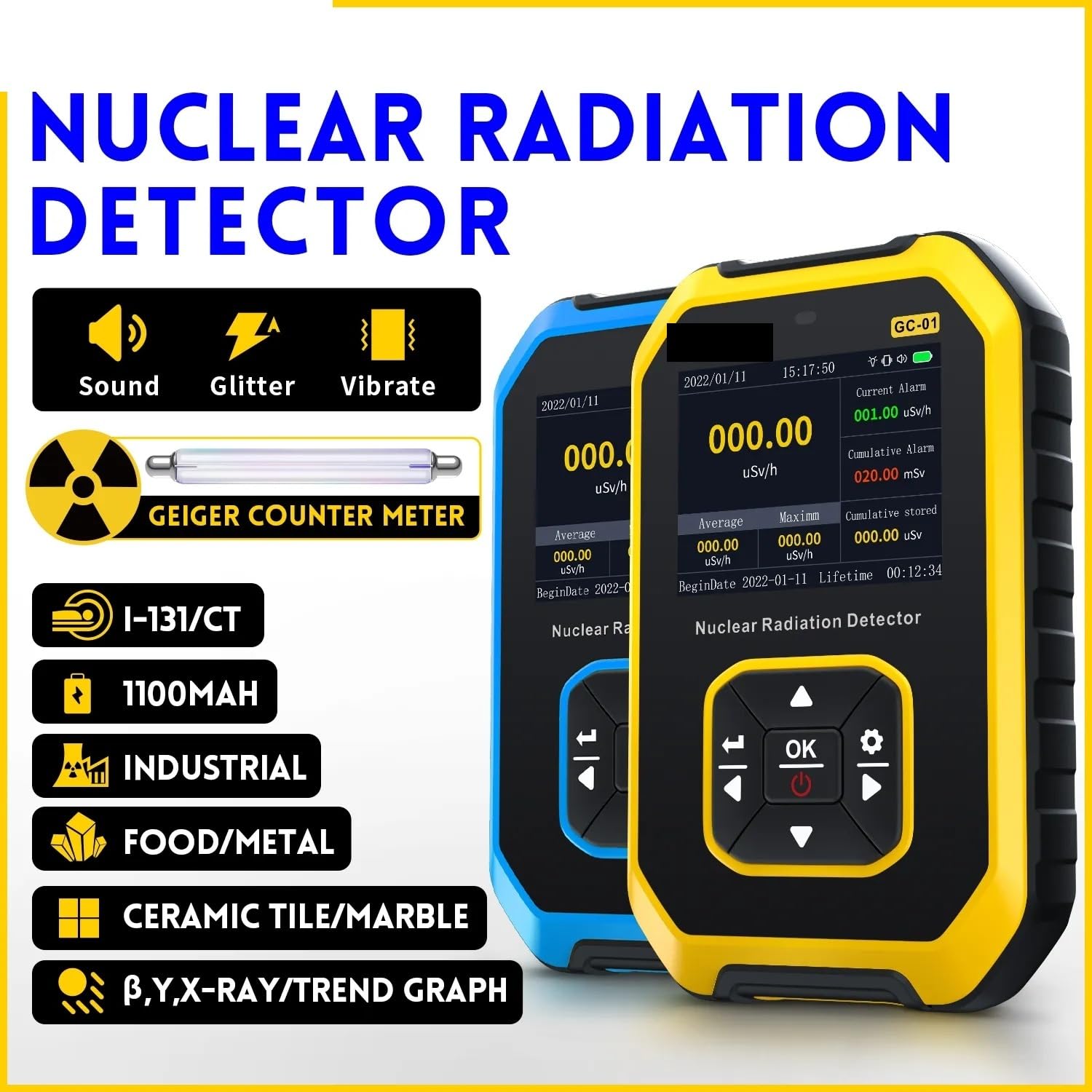 Compteur Geiger GC-01 Détecteur de rayonnement nucléaire Dosimètre personnel Rayons X γ β Testeur radioactivité marbre(Blue GC-01)