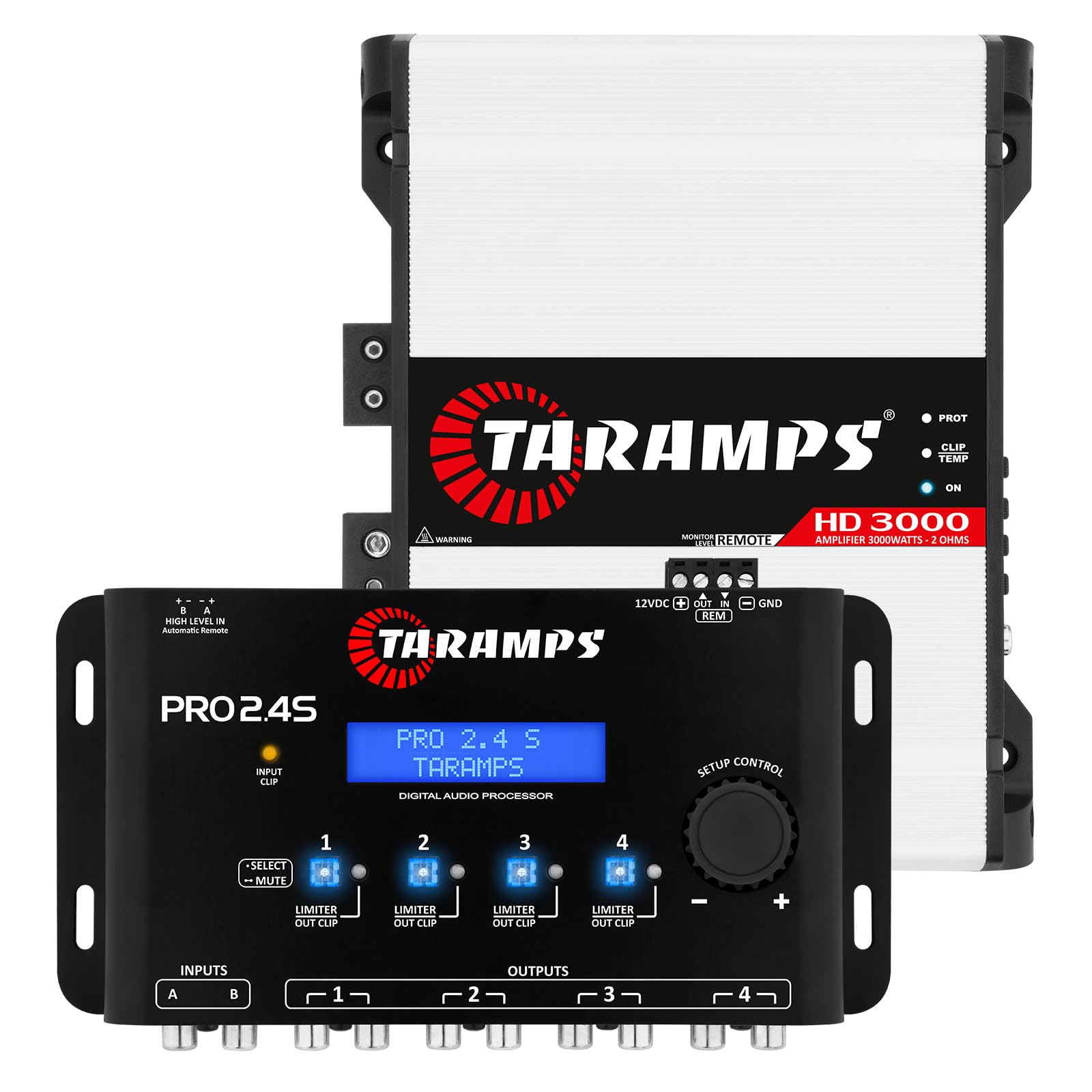 Taramps HD 3000 2 Ohms Class D monoblock car Audio Amplifier 3000 watts RMS + Taramps Pro 2.4s DSP Digital Signal Processor and Equalizer Bundle, 2-Pack