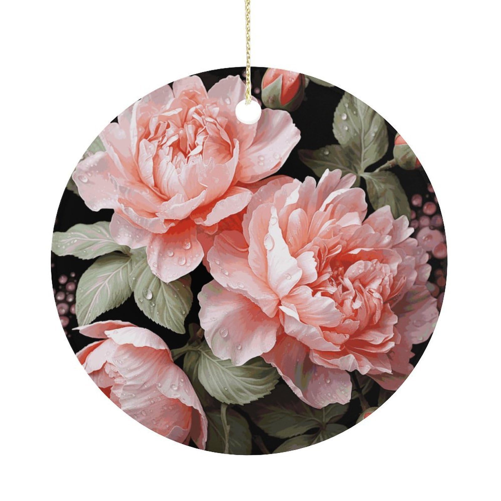 Peony Flowers Rose Christmas Ornaments Colorful Round Ceramic Ornament Christmas Hanging Decor Christmas Tree Decorations Xmas Keepsake for Women Men Xmas Holiday Party