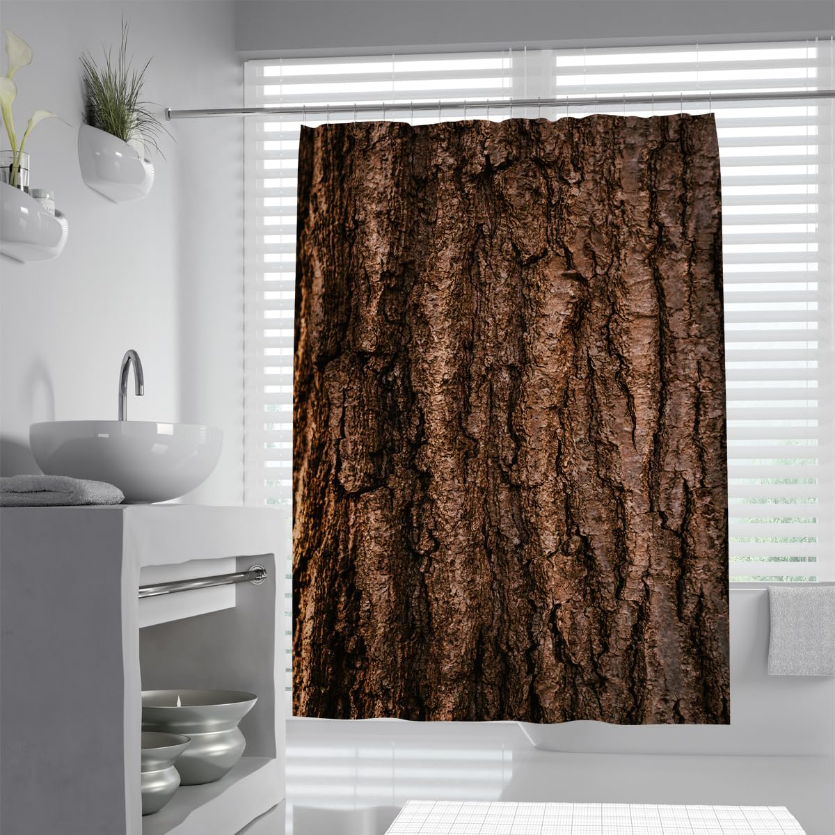 UIRINGART Brown Tree Bark Bath Curtain W120xL180cm Rustic Wooden Timber Texture Waterproof Mildew Resistant Bathroom Enclosure with Hooks