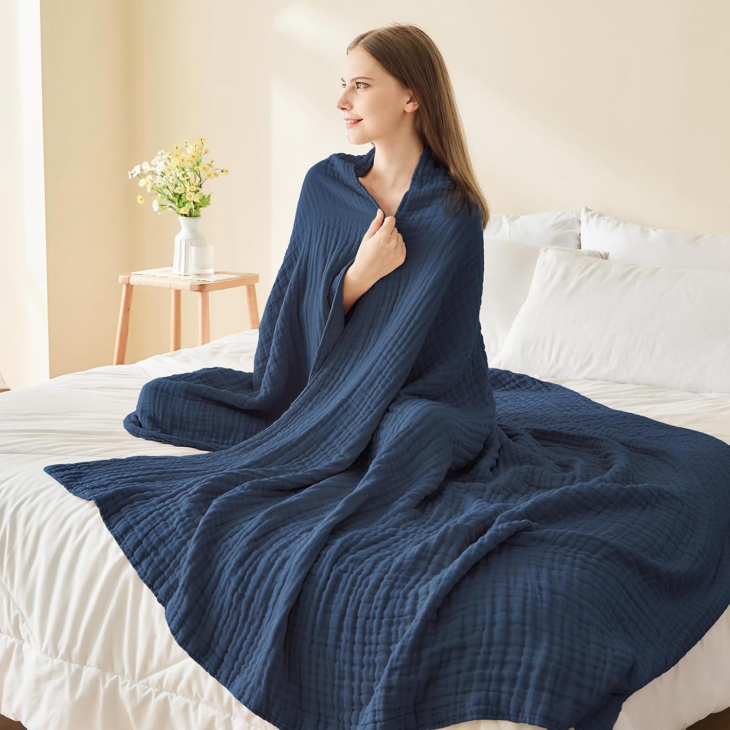 EMME Musselin-Decke 230x230 Baumwolle Oeko-TEX Erwachsene Tagesdecke,Navy | Sommer-Überwurf Decken Für Bett Atmungsaktive Gaze-Decke Ganzjährig Weich & Leicht Vorgewaschene Baumwolldecke Bettdecke