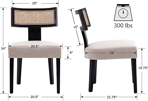 Miniatura 9 de VESCASA Sillas de comedor tapizadas de lino con patas de madera negra, sillas de comedor acolchadas con respaldo abierto curvado de ratán para
