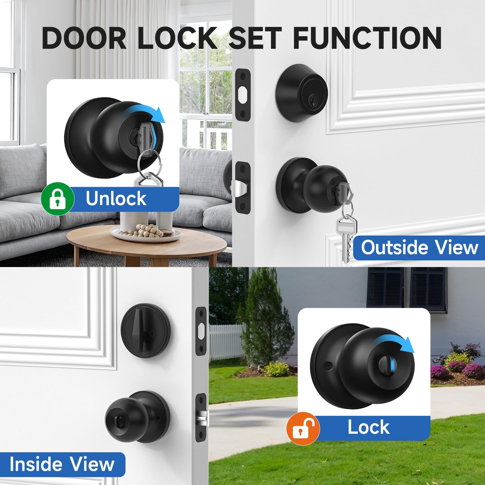 Estmoon 3-Pack Keyed Alike Door Locks - Matte Black -3